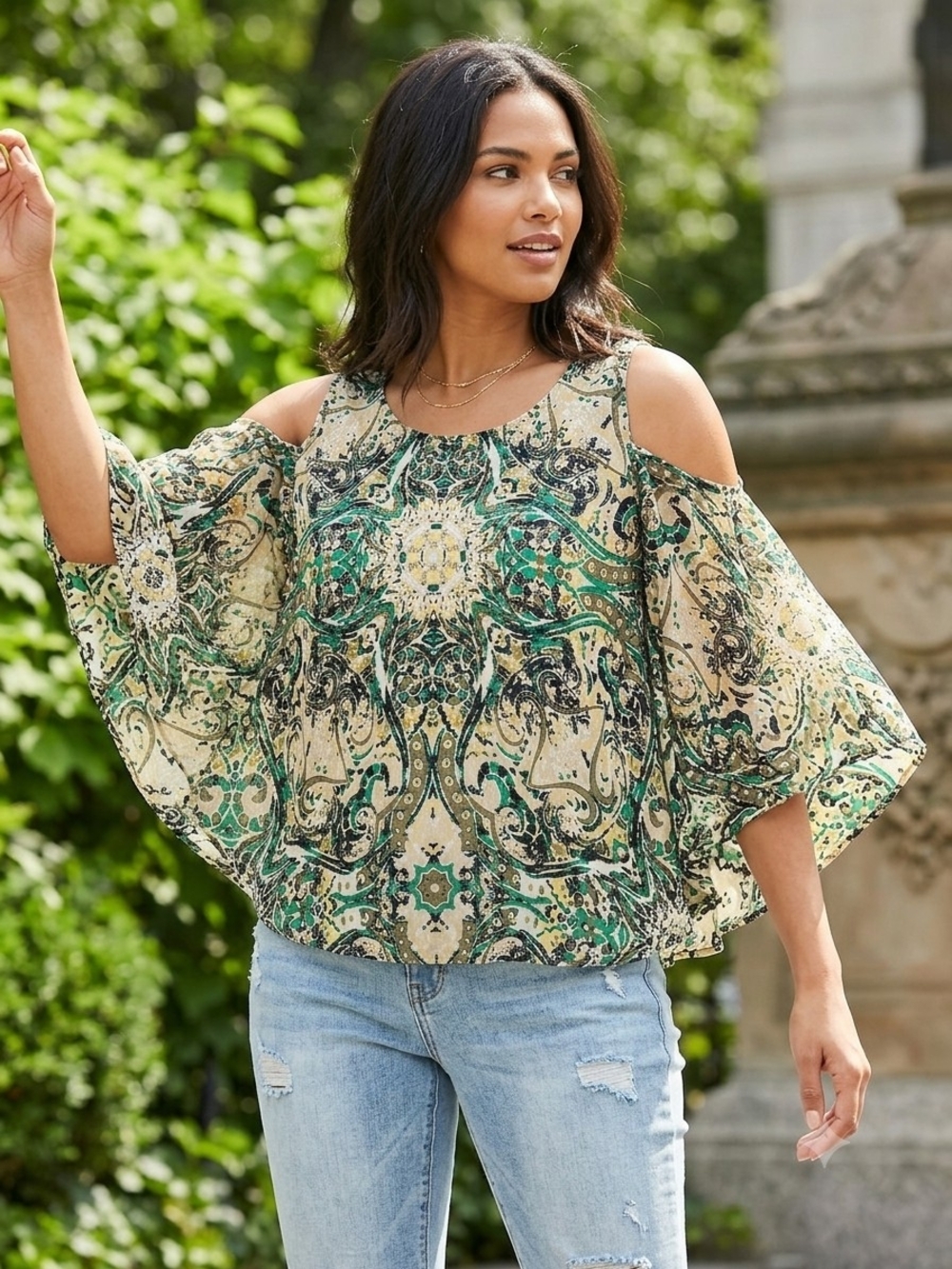 Cato Green and Cream Cold-Shoulder Boho Tunic (WS 49)